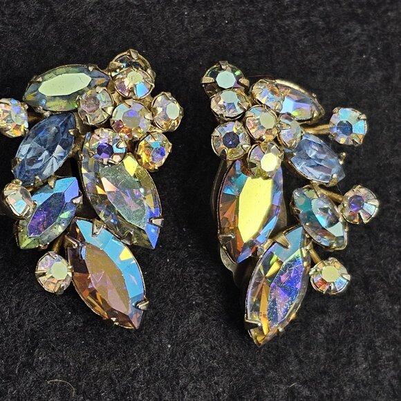 Sherman Earrings Clip On Purple Blue Pair Vintage Signed Stunning - Picture 2 of 11